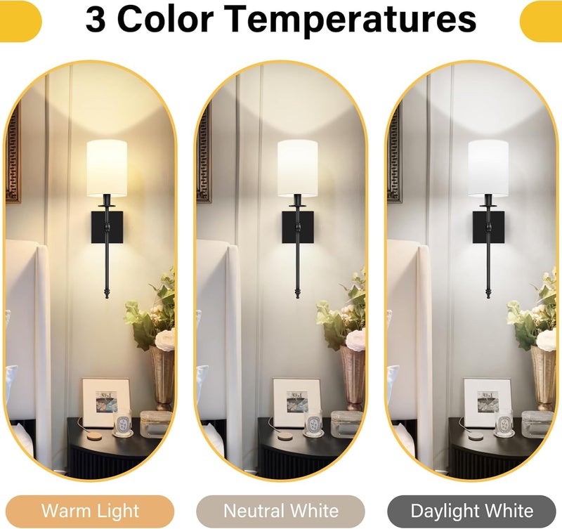 Bosceos 19.9 Inch Black Battery Operated Wall Sconces Set of 2, Rechargeable Wireless Wall Lights with Remote & White Fabric Shade, Indoor Not Hardwired Dimmable Wall Lamps for Living Room, 2 Bulbs Included - Image 4